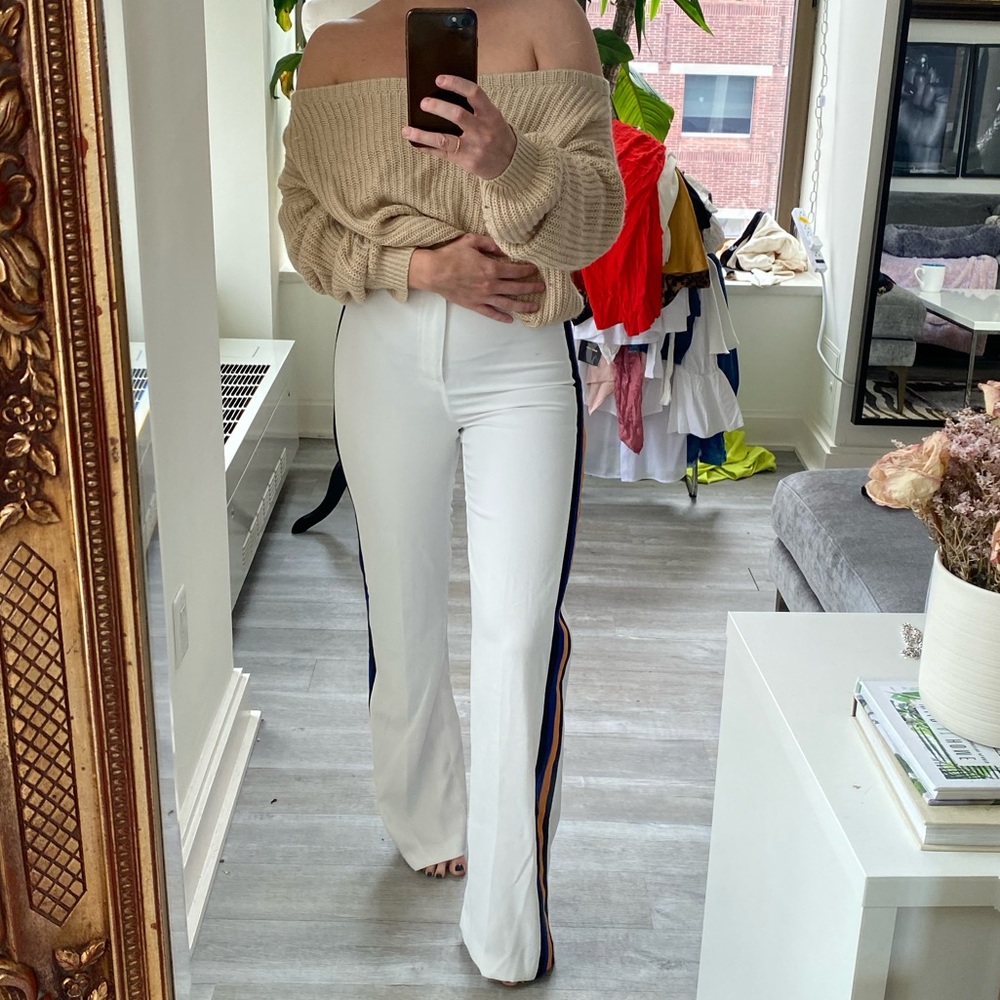 White wide leg dress pants with stripe